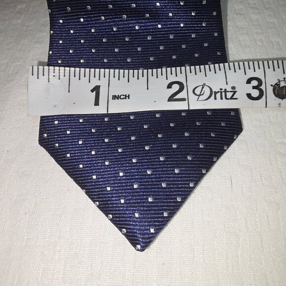 THE TIE BAR NAVY TIE WITH WHITE POLKA DOTS MENS SILK EUC - Picture 3 of 5